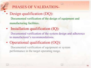 • Design qualification (DQ):
Documented verification of the design of equipment and
manufacturing facilities.
• Installation qualification (IQ):
Documented verification of the system design and adherence
to manufacturer’s recommendations.
• Operational qualification (OQ):
Documented verification of equipment or system
performance in the target operating range.
PHASES OF VALIDATION-
16
 