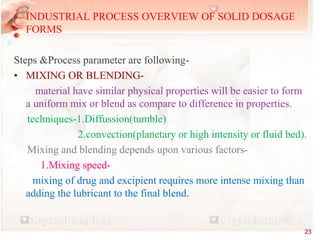 • INDUSTRIAL PROCESS OVERVIEW OF SOLID DOSAGE
FORMS
Steps &Process parameter are following-
• MIXING OR BLENDING-
material have similar physical properties will be easier to form
a uniform mix or blend as compare to difference in properties.
techniques-1.Diffussion(tumble)
2.convection(planetary or high intensity or fluid bed).
Mixing and blending depends upon various factors-
1.Mixing speed-
mixing of drug and excipient requires more intense mixing than
adding the lubricant to the final blend.
23
 