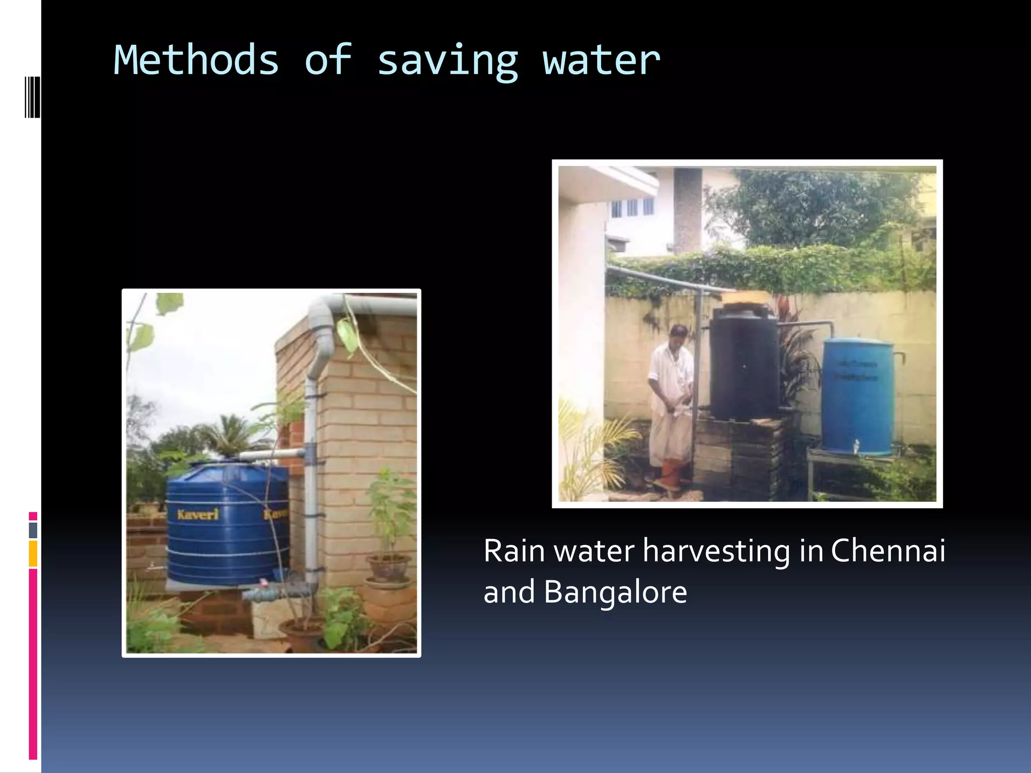 Methods of saving water
Rain water harvesting in Chennai
and Bangalore
 