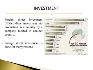  Foreign direct investment
(FDI) is direct investment into
production in a country by a
company located in another
country.
 Foreign direct investment is
done for many reasons
 