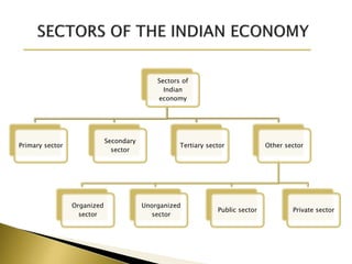 Sectors of
Indian
economy
Primary sector
Secondary
sector
Tertiary sector Other sector
Organized
sector
Unorganized
sector
Public sector Private sector
 