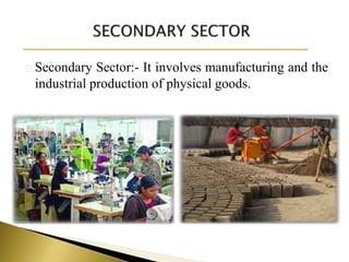 Secondary Sector:- It involves manufacturing and the
industrial production of physical goods.
 