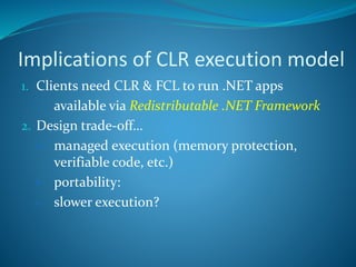 Implications of CLR execution model
1. Clients need CLR & FCL to run .NET apps
 available via Redistributable .NET Framework
2. Design trade-off…
+ managed execution (memory protection,
verifiable code, etc.)
+ portability:
– slower execution?
 