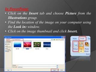 In PowerPoint:
• Click on the Insert tab and choose Picture from the
Illustrations group.
• Find the location of the image on your computer using
the Look in: window.
• Click on the image thumbnail and click Insert.
 