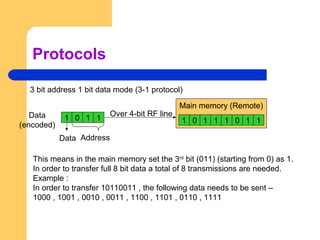 Protocols
3 bit address 1 bit data mode (3-1 protocol)
1 0 1 1
Address
Main memory (Remote)
1 0 1 1 1 0 1 1
Main memory (Remote)
Data
(encoded)
Data
This means in the main memory set the 3rd
bit (011) (starting from 0) as 1.
In order to transfer full 8 bit data a total of 8 transmissions are needed.
Example :
In order to transfer 10110011 , the following data needs to be sent –
1000 , 1001 , 0010 , 0011 , 1100 , 1101 , 0110 , 1111
Over 4-bit RF line
 