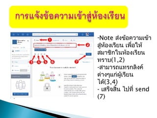 -Note ส่งข้อความเข้า
สู่ห้องเรียน เพื่อให้
สมาชิกในห้องเรียน
ทราบ(1,2)
-สามารถแทรกลิงค์
ต่างๆแก่ผู้เรียน
ได้(3,4)
- เสร็จสิ้น ไปที่ send
(7)
 