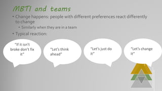 MBTI and teams
• Change happens: people with different preferences react differently
to change
• Similarly when they are in a team
• Typical reaction:
“If it isn’t
broke don’t fix
it”
“Let’s think
ahead”
“Let’s just do
it”
“Let’s change
it”
 