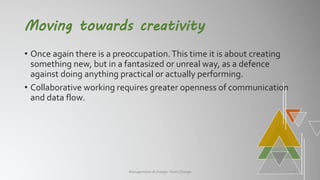Moving towards creativity
• Once again there is a preoccupation.This time it is about creating
something new, but in a fantasized or unreal way, as a defence
against doing anything practical or actually performing.
• Collaborative working requires greater openness of communication
and data flow.
Management of change- Team Change 6
 