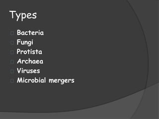 Types
Bacteria
Fungi
Protista
Archaea
Viruses
Microbial mergers
 