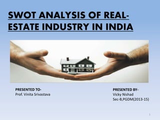 SWOT ANALYSIS OF REAL-
ESTATE INDUSTRY IN INDIA
1
PRESENTED TO-
Prof. Vinita Srivastava
PRESENTED BY-
Vicky Nishad
Sec-B,PGDM(2013-15)
 