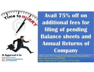 Avail 75% off on
additional fees for
filing of pending
Balance sheets and
Annual Returns of
Company
•Offer under The Company Law Settlement Scheme,2014 of
MCA vide circular no.34/2014
•Offer valid from 15th Aug 2014 to 15th Oct 2014
M Aggarwal & Co
Company Secretaries
Mail : Maggarwal.co@gmail.com
Call : 011-41407878
 