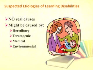Suspected Etiologies of Learning Disabilities
NO real causes
Might be caused by:
Hereditary
Teratogenic
Medical
Environmental
 