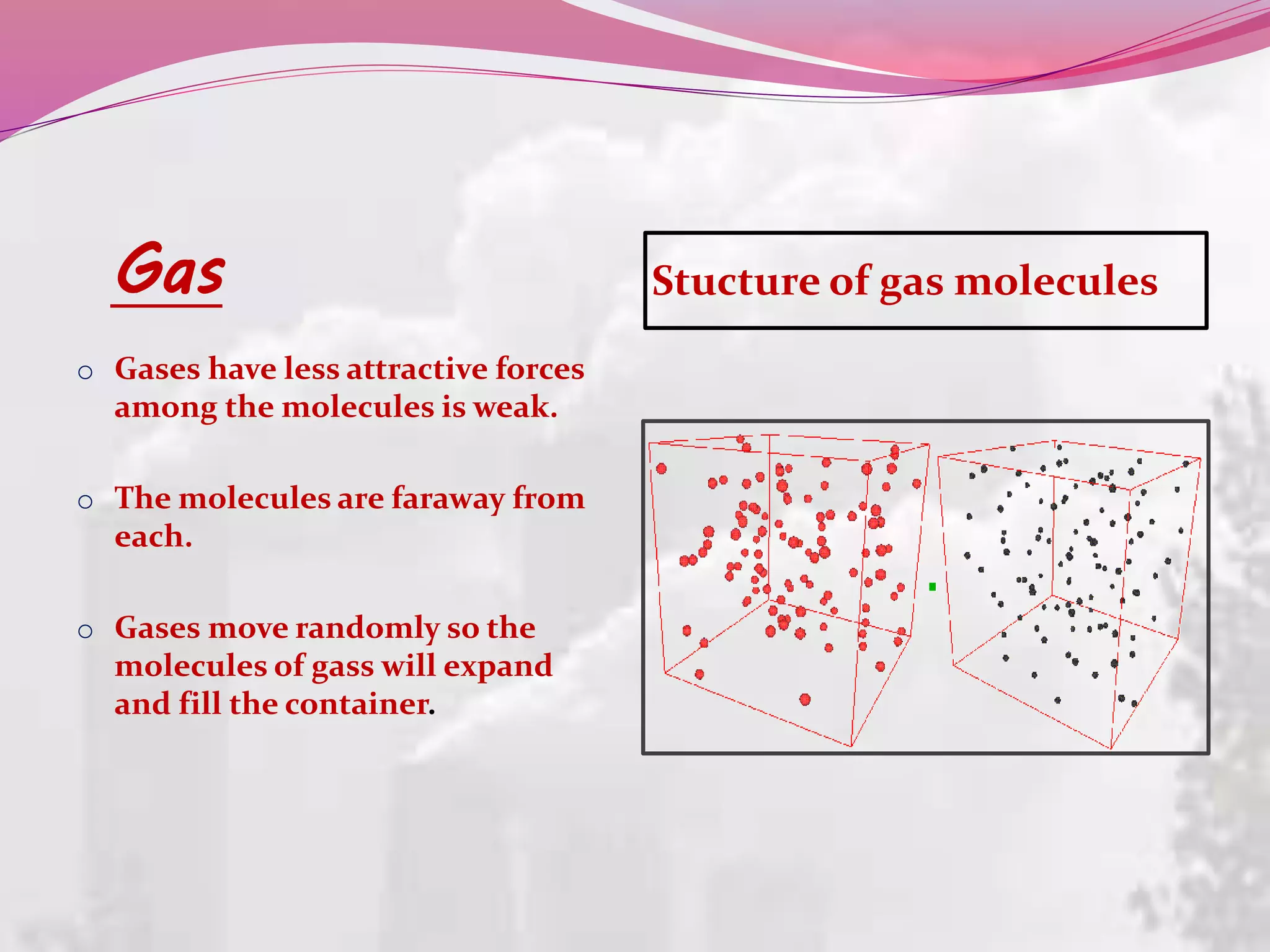 Gas Stucture of gas molecules 
o Gases have less attractive forces 
among the molecules is weak. 
o The molecules are faraway from 
each. 
o Gases move randomly so the 
molecules of gass will expand 
and fill the container. 
 