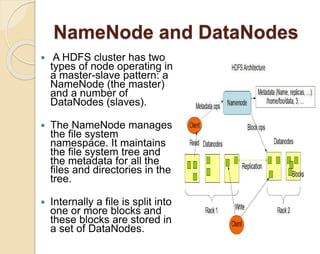 NameNode and DataNodes 
 A HDFS cluster has two 
types of node operating in 
a master-slave pattern: a 
NameNode (the master) 
and a number of 
DataNodes (slaves). 
 The NameNode manages 
the file system 
namespace. It maintains 
the file system tree and 
the metadata for all the 
files and directories in the 
tree. 
 Internally a file is split into 
one or more blocks and 
these blocks are stored in 
a set of DataNodes. 
 