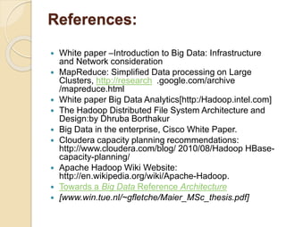 References: 
 White paper –Introduction to Big Data: Infrastructure 
and Network consideration 
 MapReduce: Simplified Data processing on Large 
Clusters, http://research .google.com/archive 
/mapreduce.html 
 White paper Big Data Analytics[http:/Hadoop.intel.com] 
 The Hadoop Distributed File System Architecture and 
Design:by Dhruba Borthakur 
 Big Data in the enterprise, Cisco White Paper. 
 Cloudera capacity planning recommendations: 
http://www.cloudera.com/blog/ 2010/08/Hadoop HBase-capacity- 
planning/ 
 Apache Hadoop Wiki Website: 
http://en.wikipedia.org/wiki/Apache-Hadoop. 
 Towards a Big Data Reference Architecture 
 [www.win.tue.nl/~gfletche/Maier_MSc_thesis.pdf] 
 