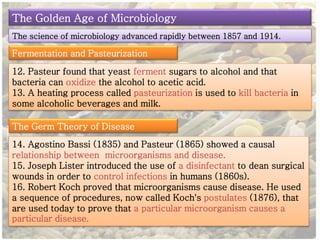 The Golden Age of Microbiology 
The science of microbiology advanced rapidly between 1857 and 1914. 
Fermentation and Pasteurization 
12. Pasteur found that yeast ferment sugars to alcohol and that 
bacteria can oxidize the alcohol to acetic acid. 
13. A heating process called pasteurization is used to kill bacteria in 
some alcoholic beverages and milk. 
The Germ Theory of Disease 
14. Agostino Bassi (1835) and Pasteur (1865) showed a causal 
relationship between microorganisms and disease. 
15. Joseph Lister introduced the use of a disinfectant to dean surgical 
wounds in order to control infections in humans (1860s). 
16. Robert Koch proved that microorganisms cause disease. He used 
a sequence of procedures, now called Koch's postulates (1876), that 
are used today to prove that a particular microorganism causes a 
particular disease. 
 