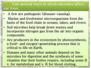 1-1 List several ways in which microbes affect 
our lives. 
• A few are pathogenic (disease-causing). 
• Marine and freshwater microorganisms form the 
basis of the food chain in oceans, lakes, and rivers. 
• Soil microbes help break down wastes and 
incorporate nitrogen gas from the air into organic 
compounds. 
• Are producers in the ecosystem by photosynthesis, 
a food- and oxygen-generating process that is 
critical to life on Earth. 
• Humans and many other animals depend on the 
microbes for digestion and the synthesis of some 
vitamins that their bodies require, including some B 
v. for metabolism and v. K for blood clotting. 
 