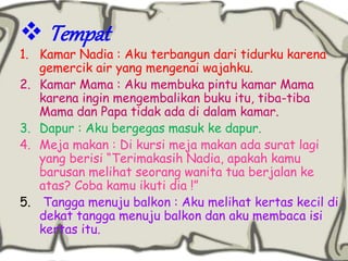  Tempat 
1. Kamar Nadia : Aku terbangun dari tidurku karena 
gemercik air yang mengenai wajahku. 
2. Kamar Mama : Aku membuka pintu kamar Mama 
karena ingin mengembalikan buku itu, tiba-tiba 
Mama dan Papa tidak ada di dalam kamar. 
3. Dapur : Aku bergegas masuk ke dapur. 
4. Meja makan : Di kursi meja makan ada surat lagi 
yang berisi “Terimakasih Nadia, apakah kamu 
barusan melihat seorang wanita tua berjalan ke 
atas? Coba kamu ikuti dia !” 
5. Tangga menuju balkon : Aku melihat kertas kecil di 
dekat tangga menuju balkon dan aku membaca isi 
kertas itu. 
 