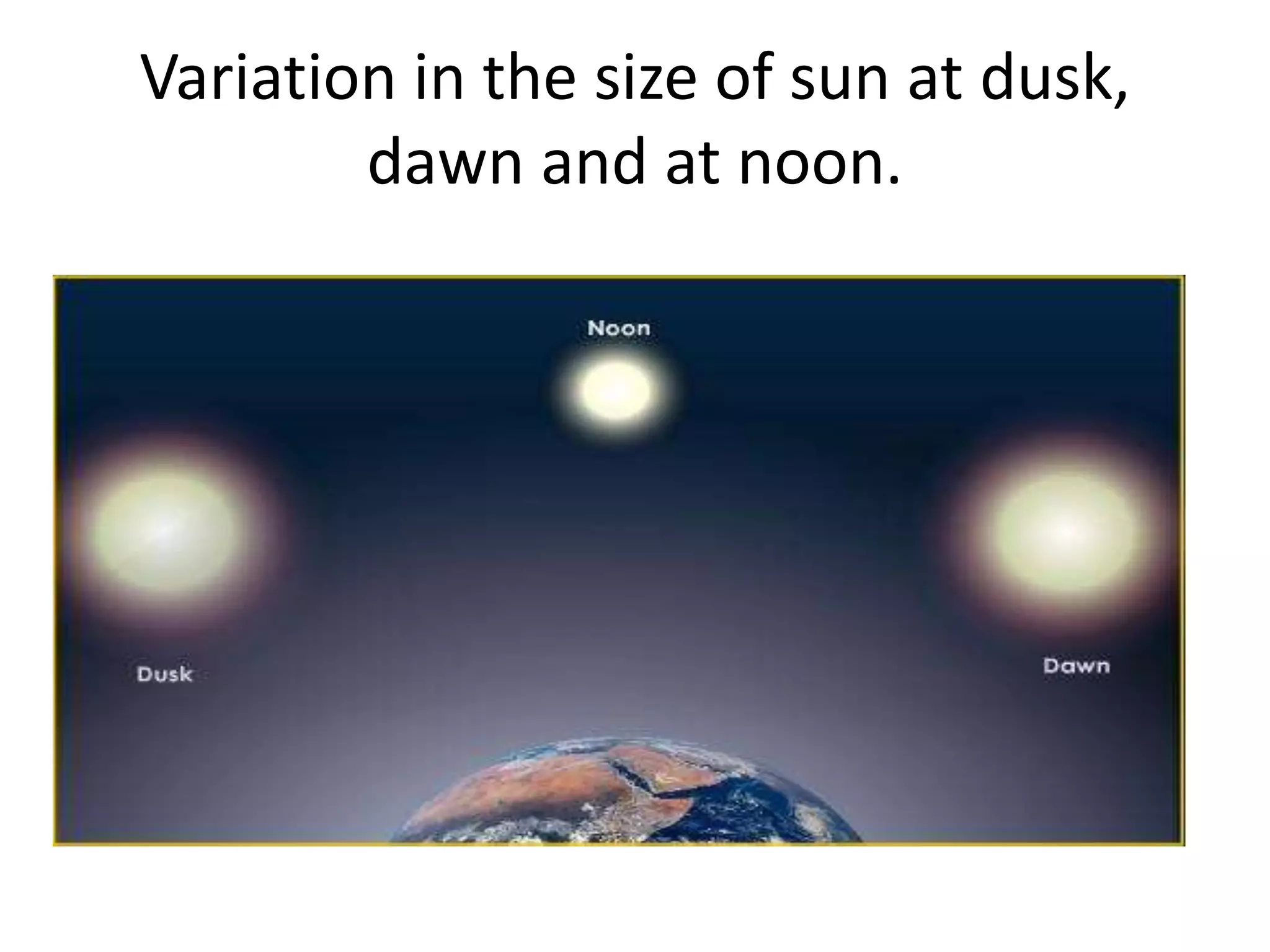 Variation in the size of sun at dusk, 
dawn and at noon. 
 
