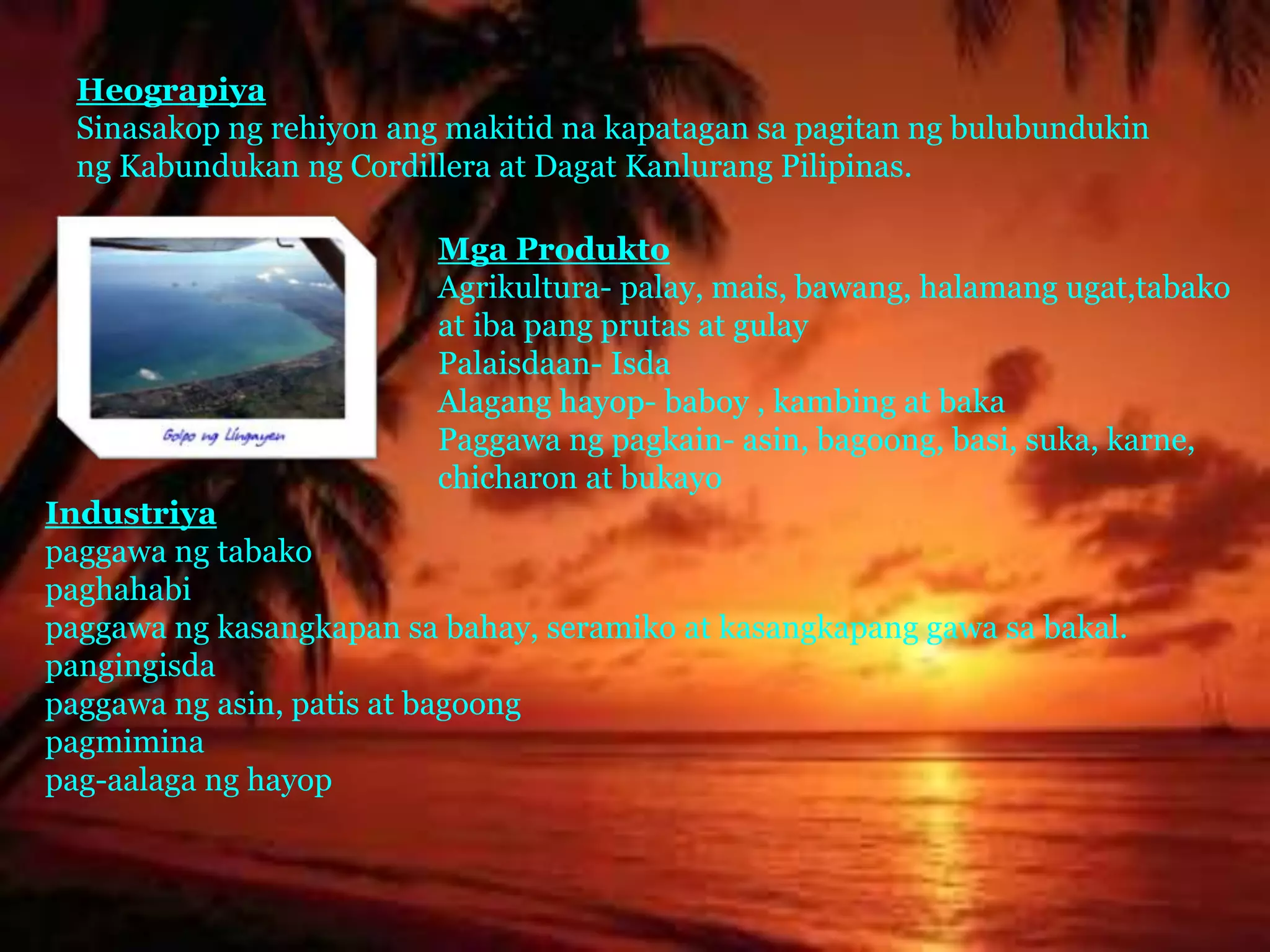 Heograpiya 
Sinasakop ng rehiyon ang makitid na kapatagan sa pagitan ng bulubundukin 
ng Kabundukan ng Cordillera at Dagat Kanlurang Pilipinas. 
Mga Produkto 
Agrikultura- palay, mais, bawang, halamang ugat,tabako 
at iba pang prutas at gulay 
Palaisdaan- Isda 
Alagang hayop- baboy , kambing at baka 
Paggawa ng pagkain- asin, bagoong, basi, suka, karne, 
chicharon at bukayo 
Industriya 
paggawa ng tabako 
paghahabi 
paggawa ng kasangkapan sa bahay, seramiko at kasangkapang gawa sa bakal. 
pangingisda 
paggawa ng asin, patis at bagoong 
pagmimina 
pag-aalaga ng hayop 
 