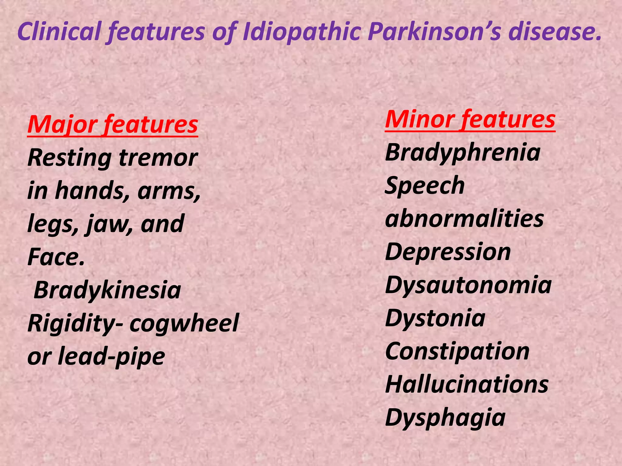 Clinical features of Idiopathic Parkinson’s disease. 
Major features 
Resting tremor 
in hands, arms, 
legs, jaw, and 
Face. 
Bradykinesia 
Rigidity- cogwheel 
or lead-pipe 
Minor features 
Bradyphrenia 
Speech 
abnormalities 
Depression 
Dysautonomia 
Dystonia 
Constipation 
Hallucinations 
Dysphagia 
 
