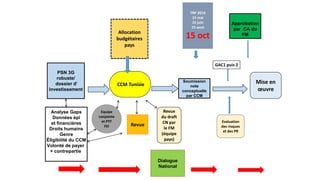 PSN 3G 
robuste/ 
dossier d’ 
investissement 
Analyse Gaps 
Données épi 
et financières 
Droits humains 
Genre 
Éligibilité du CCM 
Volonté de payer 
+ contrepartie 
Soumission 
note 
conceptuelle 
par CCM 
GAC1 puis 2 
Allocation 
budgétaires 
pays 
Approbation 
par CA du 
FM 
Revue 
TRP 2014 
15 mai 
15 juin 
15 aout 
15 oct 
Dialogue 
National 
CCM Tunisie 
Revue 
du draft 
CN par 
le FM 
(équipe 
pays) 
Mise en 
oeuvre 
Equipe 
conjointe 
et PTF 
FEI 
Evaluation 
des risques 
et des PR 
