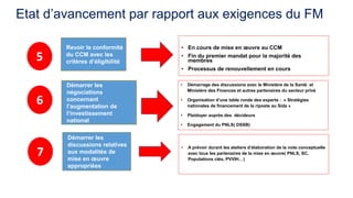 Etat d’avancement par rapport aux exigences du FM 
Revoir la conformité 
du CCM avec les 
critères d’éligibilité 
Démarrer les 
négociations 
concernant 
l’augmentation de 
l’investissement 
national 
Démarrer les 
discussions relatives 
aux modalités de 
mise en oeuvre 
appropriées 
5 
6 
7 
• En cours de mise en oeuvre au CCM 
• Fin du premier mandat pour la majorité des 
membres 
• Processus de renouvellement en cours 
• Démarrage des discussions avec le Ministère de la Santé et 
Ministère des Finances et autres partenaires du secteur privé 
• Organisation d’une table ronde des experts : « Stratégies 
nationales de financement de la riposte au Sida » 
• Plaidoyer auprès des décideurs 
• Engagement du PNLS( DSSB) 
• A prévoir durant les ateliers d’élaboration de la note conceptuelle 
avec tous les partenaires de la mise en oeuvre( PNLS, SC, 
Populations clés, PVVIH…) 
 