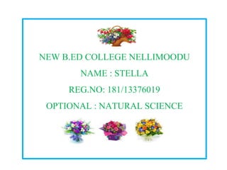NEW B.ED COLLEGE NELLIMOODU 
NAME : STELLA 
REG.NO: 181/13376019 
OPTIONAL : NATURAL SCIENCE  