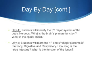 Day By Day [cont.] 
 Day 4: Students will identify the 3rd major system of the 
body, Nervous. What is the brain’s primary function? 
What is the spinal chord? 
 Day 5: Students will learn the 4th and 5th major systems of 
the body, Digestive and Respiratory. How long is the 
large intestine? What is the function of the lungs? 
 