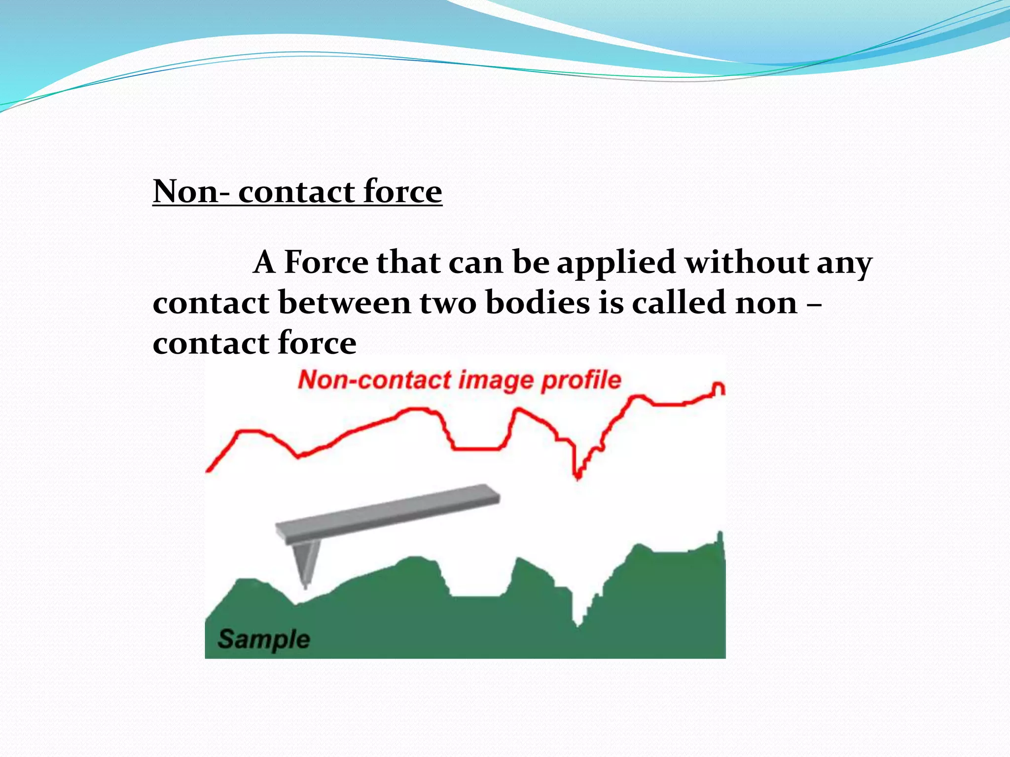 Non- contact force 
A Force that can be applied without any 
contact between two bodies is called non – 
contact force 
 