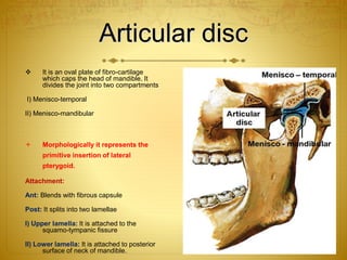 Articular disc 
 It is an oval plate of fibro-cartilage 
which caps the head of mandible. It 
divides the joint into two compartments 
I) Menisco-temporal 
II) Menisco-mandibular 
 Morphologically it represents the 
primitive insertion of lateral 
pterygoid. 
Attachment: 
Ant: Blends with fibrous capsule 
Post: It splits into two lamellae 
I) Upper lamella: It is attached to the 
squamo-tympanic fissure 
II) Lower lamella: It is attached to posterior 
surface of neck of mandible. 
 