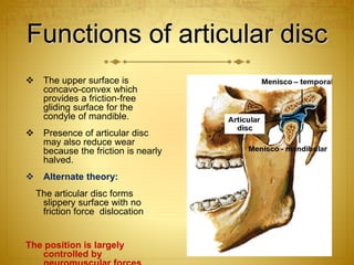 Functions of articular disc 
 The upper surface is 
concavo-convex which 
provides a friction-free 
gliding surface for the 
condyle of mandible. 
 Presence of articular disc 
may also reduce wear 
because the friction is nearly 
halved. 
 Alternate theory: 
The articular disc forms 
slippery surface with no 
friction force dislocation 
The position is largely 
controlled by 
neuromuscular forces 
 