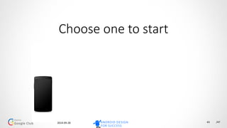 2014-10-07 /47
Identify your hero screens
43
Saturday, 27/09/2014
Sunday, 28/09/2014
Agenda Explore Stream
Android
Arduino
Commerce
APIs
Agenda Explore StreamAgenda Explore Stream
 