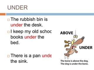 UNDER 
 The rubbish bin is 
under the desk. 
 I keep my old school 
books under the 
bed. 
 There is a pan under 
the sink. 
 