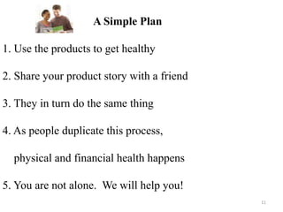 A Simple Plan 
1. Use the products to get healthy 
2. Share your product story with a friend 
3. They in turn do the same thing 
4. As people duplicate this process, 
physical and financial health happens 
5. You are not alone. We will help you! 
11 
 