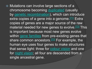  Mutations can involve large sections of a
chromosome becoming duplicated (usually
by genetic recombination), which can introduce
extra copies of a gene into a genome.[71] Extra
copies of genes are a major source of the raw
material needed for new genes to evolve.[72] This
is important because most new genes evolve
within gene families from pre-existing genes that
share common ancestors.[73] For example, the
human eye uses four genes to make structures
that sense light: three for colour vision and one
for night vision; all four are descended from a
single ancestral gene.
 