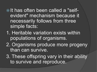 It has often been called a "self-
evident" mechanism because it
necessarily follows from three
simple facts:
1. Heritable variation exists within
populations of organisms.
2. Organisms produce more progeny
than can survive.
3. These offspring vary in their ability
to survive and reproduce.
 
