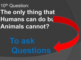 10th Question:
The only thing that
Humans can do but
Animals cannot?
To ask
Questions
 