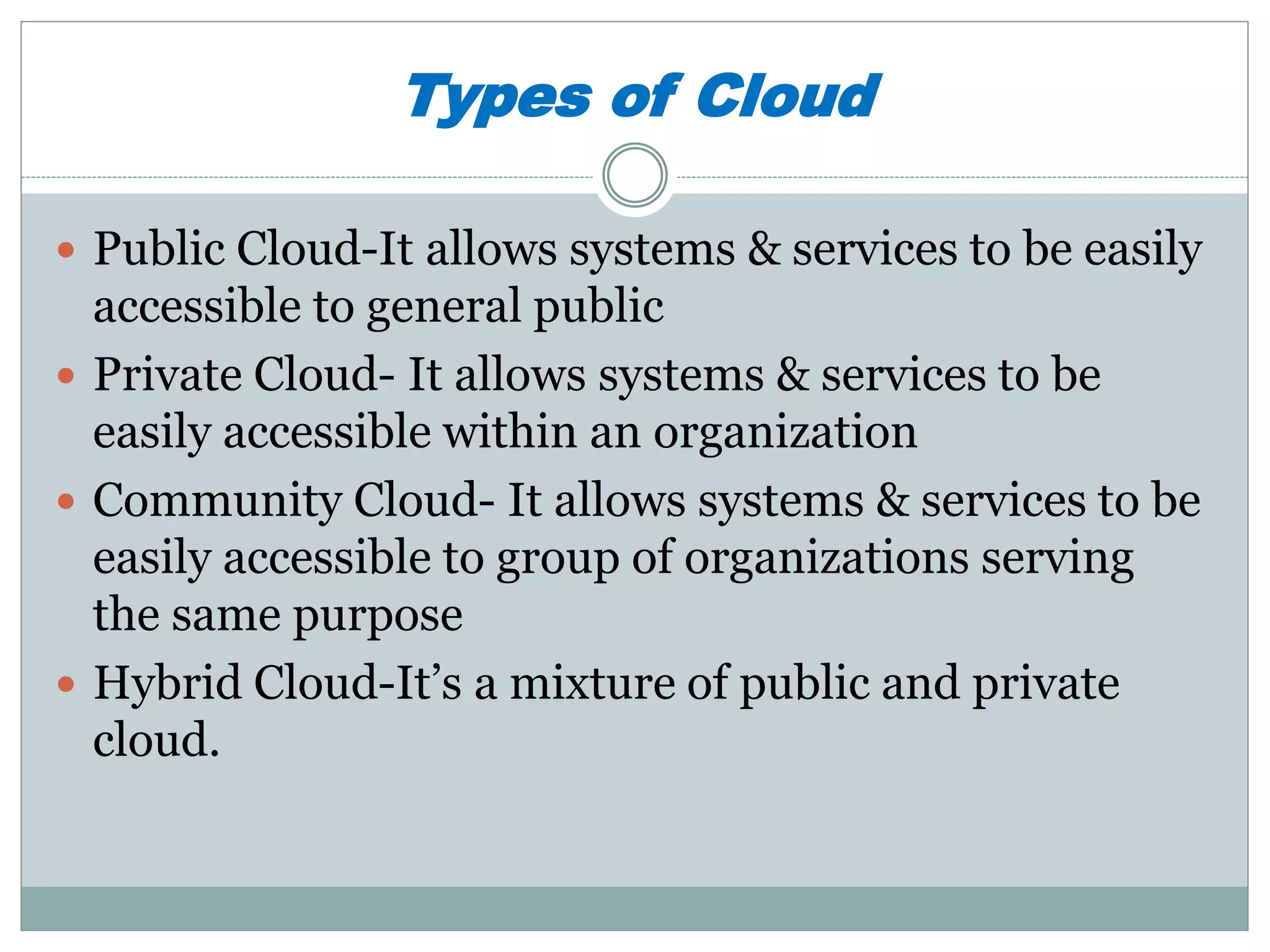 Types of Cloud 
 Public Cloud-It allows systems & services to be easily 
accessible to general public 
 Private Cloud- It allows systems & services to be 
easily accessible within an organization 
 Community Cloud- It allows systems & services to be 
easily accessible to group of organizations serving 
the same purpose 
 Hybrid Cloud-It’s a mixture of public and private 
cloud. 
 