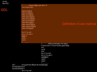 !pr=N_ 
ken=0.9 
!..............matrice l[i][j] case libre =0 
nch=int(A/3.80) 
DIM l[100][20] 
DIM o[100][20] 
DIM oc[100][20] 
DIM test[100][20] 
DIM dcm[100][20] 
DIM dcn[100][20] 
DIM MI[100][20] 
DIM mpb[100][20] 
DIM meps[100][20] 
DIM CI[100][20] 
for i=1 to nch 
for j=1 to net+1 
l[i][j]=0 
next j 
next i 
!.............. 
!..............dÈbut profondeur de calcul 
5:ncm=ncm-1:if ncm=0 then goto 9000 
t=0 
uu=0 
tt=0 
for i=1 to nch 
for j=1 to net+1 
test[i][j]=0 
next j 
next i 
!.............. 
20:!.............. hi hj point de dÈpart de remplissage 
hi=int(rnd(nch))+1 
hj=int(rnd(net))+1 
for i=1 to nch 
for j=1 to net+1 
Définition d’une matrice 
GDL 
 