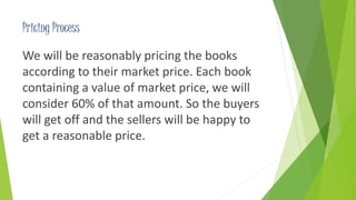 Pricing Process 
We will be reasonably pricing the books 
according to their market price. Each book 
containing a value of market price, we will 
consider 60% of that amount. So the buyers 
will get off and the sellers will be happy to 
get a reasonable price. 
 