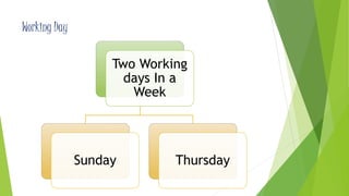 Working Day 
Two Working 
days In a 
Week 
Sunday Thursday 
 