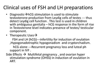 Clinical uses of FSH and LH preparations 
• DiagnostichCG stimulation is used to stimulate 
testosterone production from Leydig cells of testes --- thus 
detect Leydig cell function . This test is used in children 
with ambiguous genitalia – hCG response in the form of rise 
in Testosterone level indicates presence of testes/ testicular 
component. 
• Therapeutic Uses 
FSH and LH (hCG)---infertility for induction of ovulation 
,Hypogonadotrophic hypogonadism and cryptorchadism. 
hCG alone ---Recurrent pregnancy loss and luteal ph 
support in IVF . 
Side Effects  Multifetal pregnancy , and ovarian hyper 
stimulation syndrome (OHSS) in induction of ovulation in 
ART. 
 