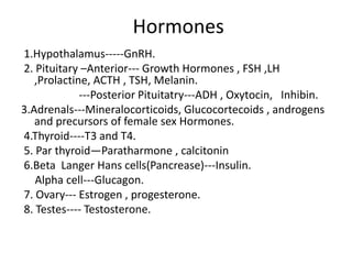 Hormones 
1.Hypothalamus-----GnRH. 
2. Pituitary –Anterior--- Growth Hormones , FSH ,LH 
,Prolactine, ACTH , TSH, Melanin. 
---Posterior Pituitatry---ADH , Oxytocin, Inhibin. 
3.Adrenals---Mineralocorticoids, Glucocortecoids , androgens 
and precursors of female sex Hormones. 
4.Thyroid----T3 and T4. 
5. Par thyroid—Paratharmone , calcitonin 
6.Beta Langer Hans cells(Pancrease)---Insulin. 
Alpha cell---Glucagon. 
7. Ovary--- Estrogen , progesterone. 
8. Testes---- Testosterone. 
 