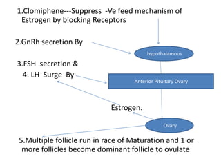 1.Clomiphene---Suppress -Ve feed mechanism of 
Estrogen by blocking Receptors 
2.GnRh secretion By 
3.FSH secretion & 
4. LH Surge By 
Anterior Pituitary Ovary 
Estrogen. 
hypothalamous 
Ovary 
5.Multiple follicle run in race of Maturation and 1 or 
more follicles become dominant follicle to ovulate 
 