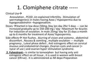 1. Clomiphene citrate ----- 
Clinical Use 
Anovulation , PCOD ,Un explained Infertility . Stimulation of 
spermatogenesis in males having Azoo / Hypospermia due to 
hypogonadotrohin –hypogonadism. 
Doses Started in low dose (50mg /day )on day 2for 5 days --- can be 
increased gradually up to 150-200 mg / day –Maximum for 6cycles 
For induction of ovulation. In male 25mg/ day for 25 days a month 
up to 6 months for treatment of Azoo/ hypospermia. 
Side effects Hot flushes , blurring of vision and scotoma , abdominal 
discomfort , Nausea & vomiting , multiple ovulation --- multiple 
pregnancy , Luteal phase defect , Anti estrogenic effect on cervical 
mucous and endometrial changes ,Ovarian cysts and cancer (> 
1year of use ) and ovarian hyper stimulation syndrome. 
2. Fulvestrant---is similar to tomexiphen but having only anti 
estrogenic effect on all tissue , it is used in women with breast 
cancer (ER+ve) . It is administered as IM depo Preparation 
 