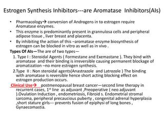 Estrogen Synthesis Inhibitors---are Aromatase Inhibitors(AIs) 
• Pharmacology conversion of Androgens in to estrogen require 
Aromatase enzymes. 
• This enzyme is predominantly present in grannulosa cells and peripheral 
adipose tissue , liver breast and placenta. 
• By inhibiting the action of this –aromatase enzyme biosynthesis of 
estrogen can be blocked in vitro as well as in vivo . 
Types Of AIs—The are of two types— 
1. Type I : Steroidal Agents ( Formestane and Exemastane ). They bind with 
aromatase and their binding is irreversible causing permanent blockage of 
aromatization –no more estrogen synthesis. 
2.Type II : Non steroidal agents(Anastrazole and Latrozole ) The binding 
with aromatase is reversible hence short acting blocking effect on 
estrogen production occurs. 
Clinical Use postmenopausal breast cancer—second lime therapy in 
recurrent cases, 1st line as adjuvant ,Preoperative ( neo adjuvant 
).Ovulation Induction , endometriosis, Fibroid s. Endometrial stromal 
sarcoma, peripheral precaucious puberty , congenital adrenal hyperplasia 
,short stature girls--- prevents fusion of epiphysi of long bones , 
Gynaecomastia. 
 
