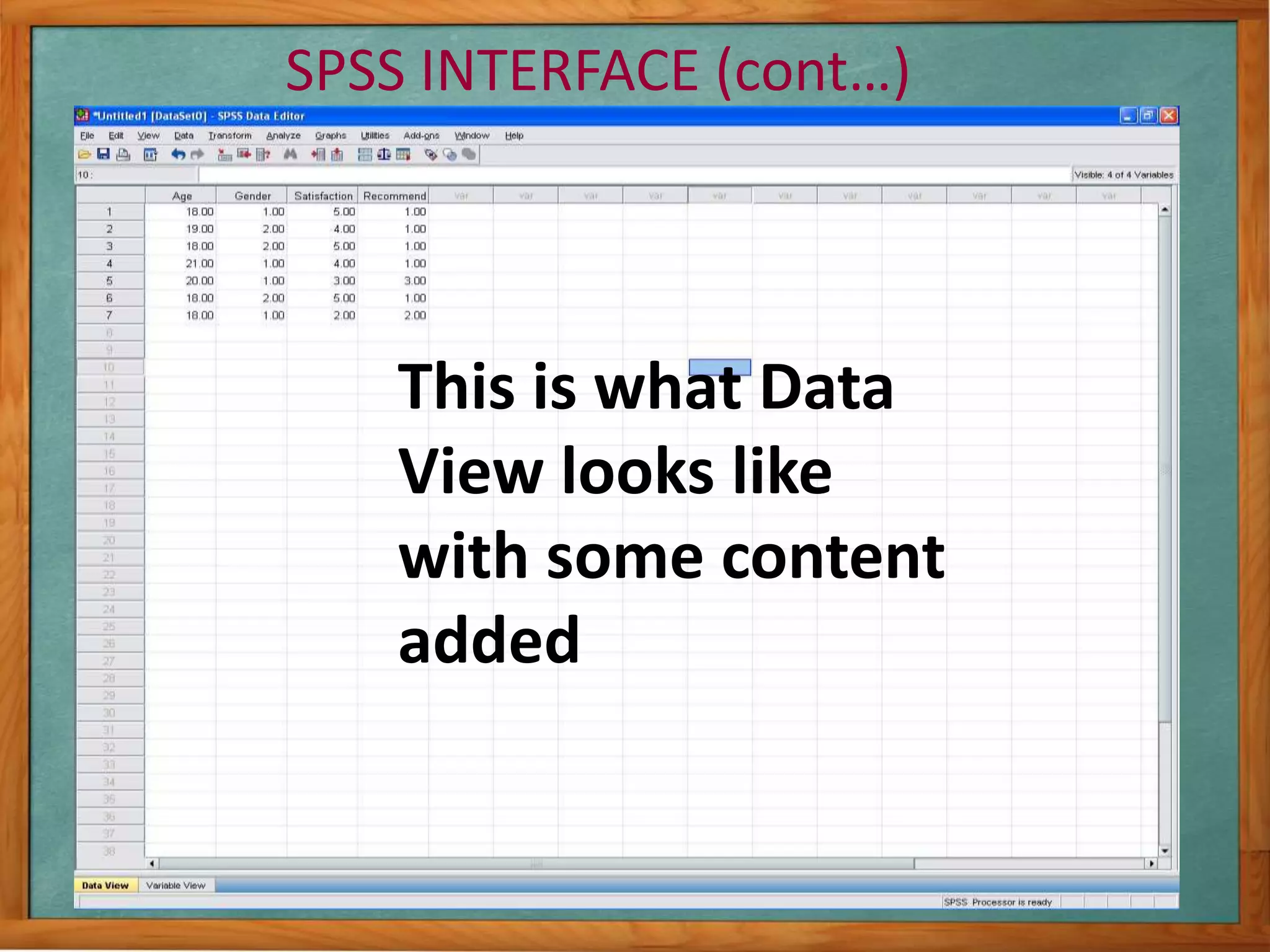 SPSS INTERFACE (cont…) 
This is what Data 
View looks like 
with some content 
added 
 