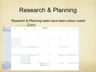Research & Planning
Research & Planning tasks have been colour coded
………. Green