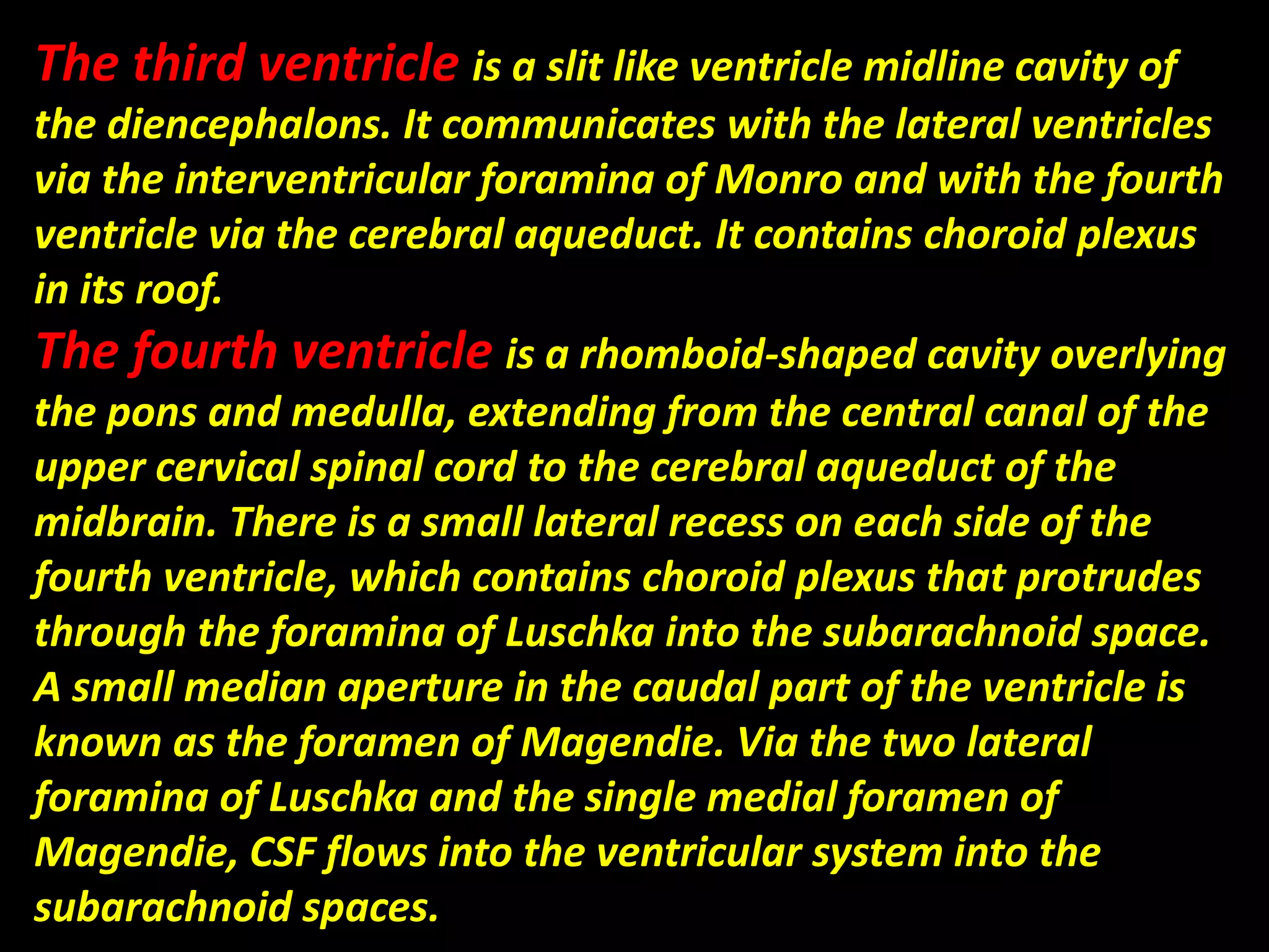 The third ventricle is a slit like ventricle midline cavity of 
the diencephalons. It communicates with the lateral ventricles 
via the interventricular foramina of Monro and with the fourth 
ventricle via the cerebral aqueduct. It contains choroid plexus 
in its roof. 
The fourth ventricle is a rhomboid-shaped cavity overlying 
the pons and medulla, extending from the central canal of the 
upper cervical spinal cord to the cerebral aqueduct of the 
midbrain. There is a small lateral recess on each side of the 
fourth ventricle, which contains choroid plexus that protrudes 
through the foramina of Luschka into the subarachnoid space. 
A small median aperture in the caudal part of the ventricle is 
known as the foramen of Magendie. Via the two lateral 
foramina of Luschka and the single medial foramen of 
Magendie, CSF flows into the ventricular system into the 
subarachnoid spaces. 
 